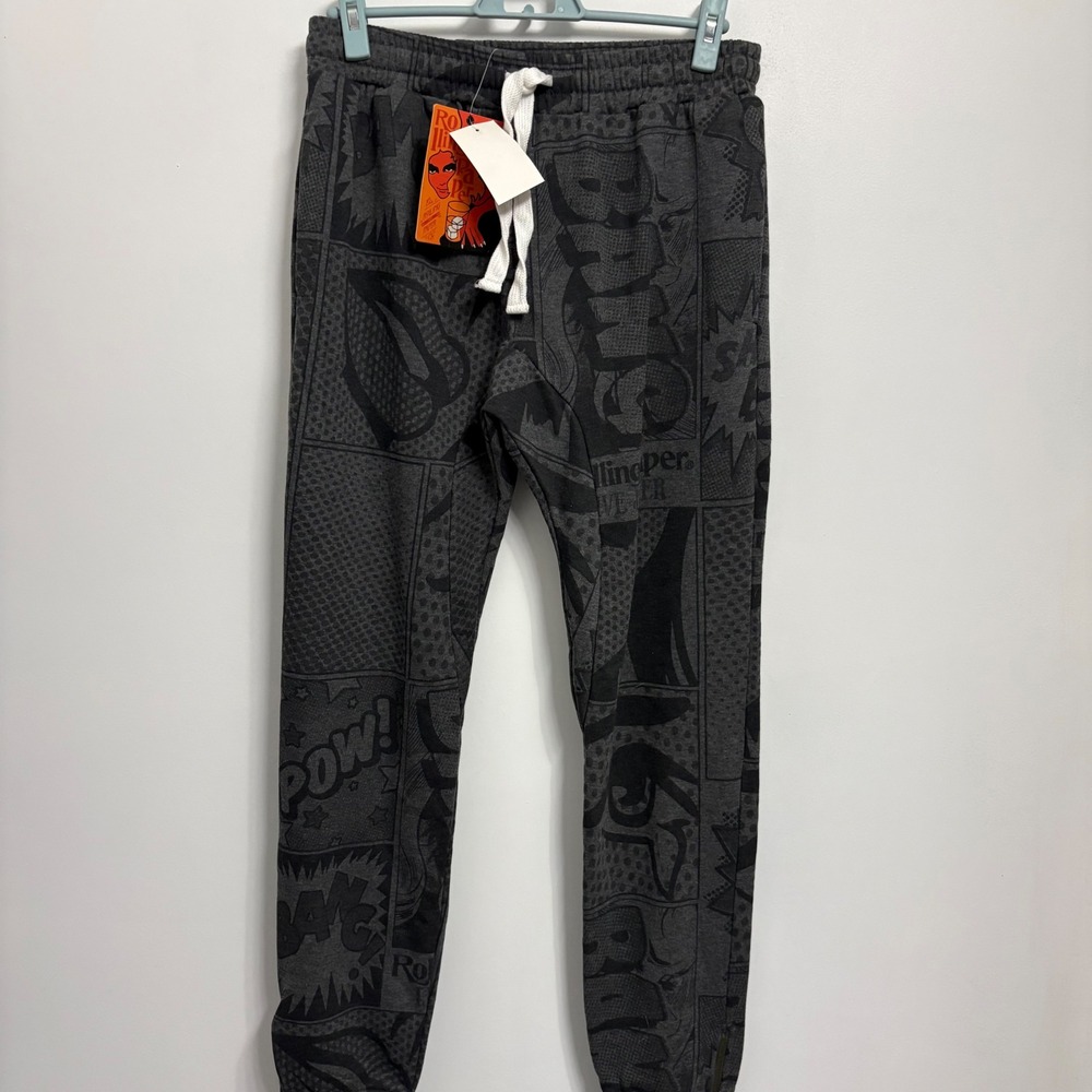 Rolling Paper Co Mens Comic‎ Book Print Joggers Black Gray FP182 Small NWT